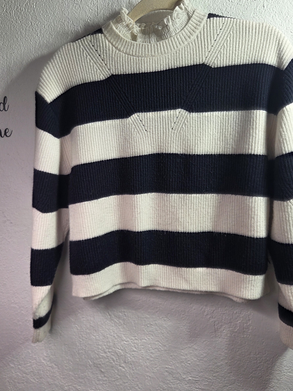 • MNG MANGO Striped Mock Neck Ruffle Frill Trim Knit Sweater Cream Navy Size S